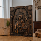 Our Lady of Perpetual Help Wood Art - Hand-Carved Catholic Gift - Mother Mary Comfort Figure