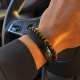 Triple Strand Natural Tiger Eye & Lava Rock Braided Leather Men’s Bracelet