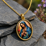 Our Lady of Guadalupe Gold-Tone Oval Pendant Necklace – Double-Sided Virgin Mary Christian Jewelry