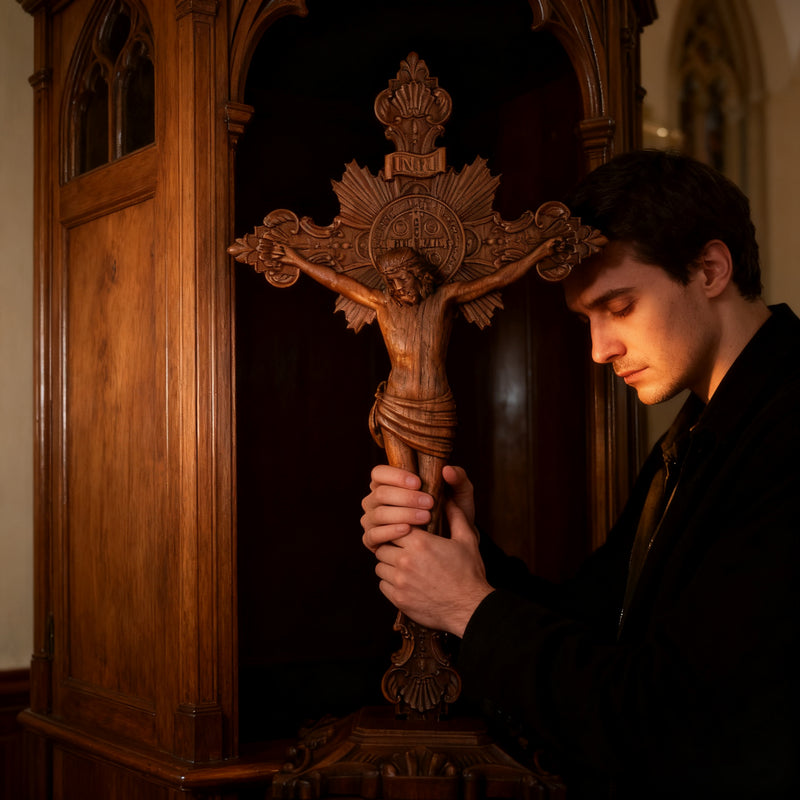 Wood carving of the Cross of the Order of Saint Benedict - with base