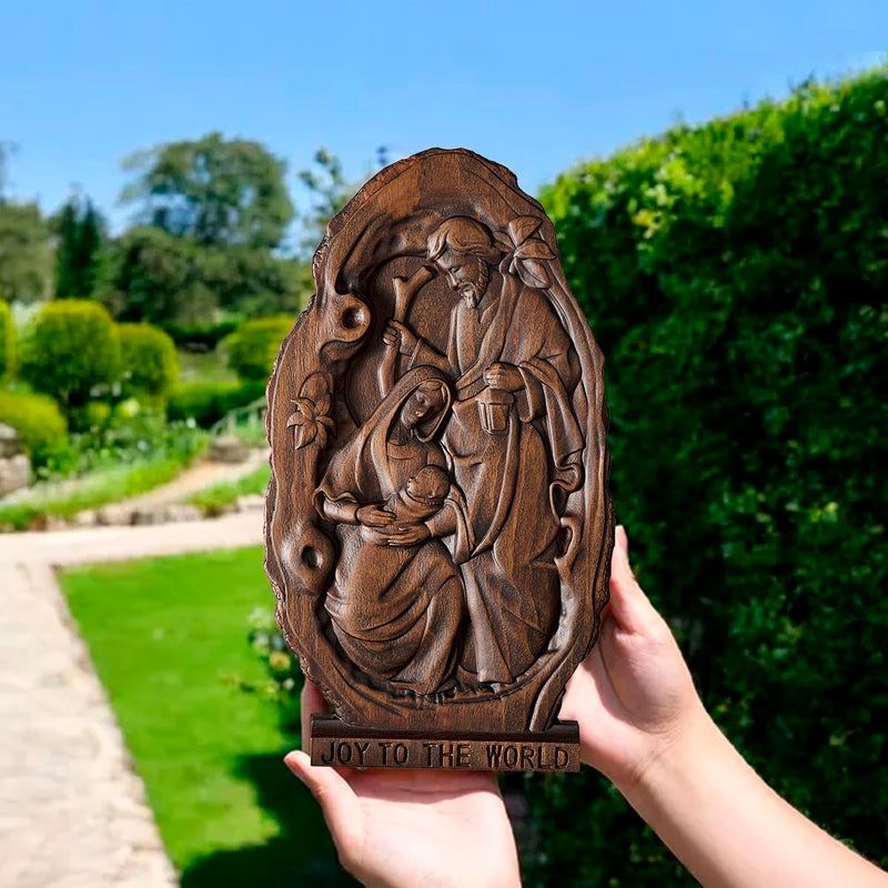 Natural Beechwood Nativity Scene Wooden Carved Plaque Tabletop Arrangement