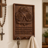 Holy Trinity Wooden Key Holder – Hand-Carved Walnut Wall Plaque with Matthew 28:19