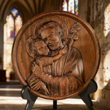 Joseph and Baby Jesus wood carving plaque - Father‘s day gift