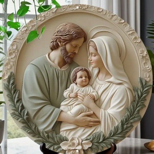 Christian Holy Family Relief Decorative Plaque - 8 Inch / 12 Inch Aluminum Waterproof Religious Wall Art (with Mounting Accessories)