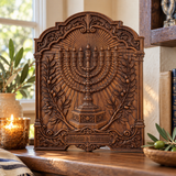 Hand-Carved Beech Wood Menorah & Olive Tree Plaque – Jewish Faith Home Décor