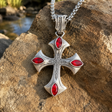 Vintage Red Zircon Cross Pendant Necklace, Religious Faith Men’s Necklace