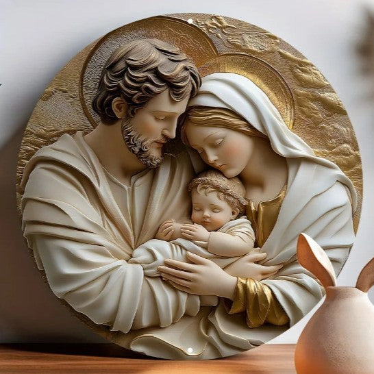 Christian Holy Family Relief Decorative Plaque - 8 Inch / 12 Inch Aluminum Waterproof Religious Wall Art (with Mounting Accessories)