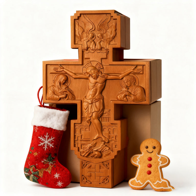 Hand-Carved Beechwood Religious Cross: A Sacred Artistic Testament to Christian Faith