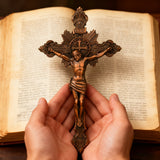 Wood Carving of Jesus Cross with St. Benedict's Exorcism
