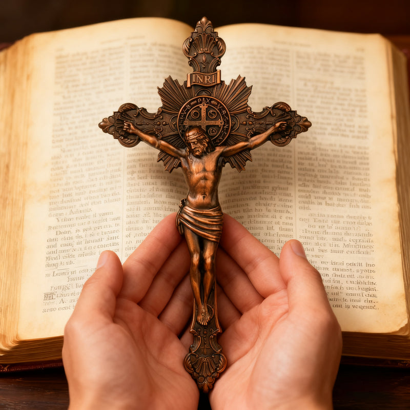 Wood Carving of Jesus Cross with St. Benedict's Exorcism