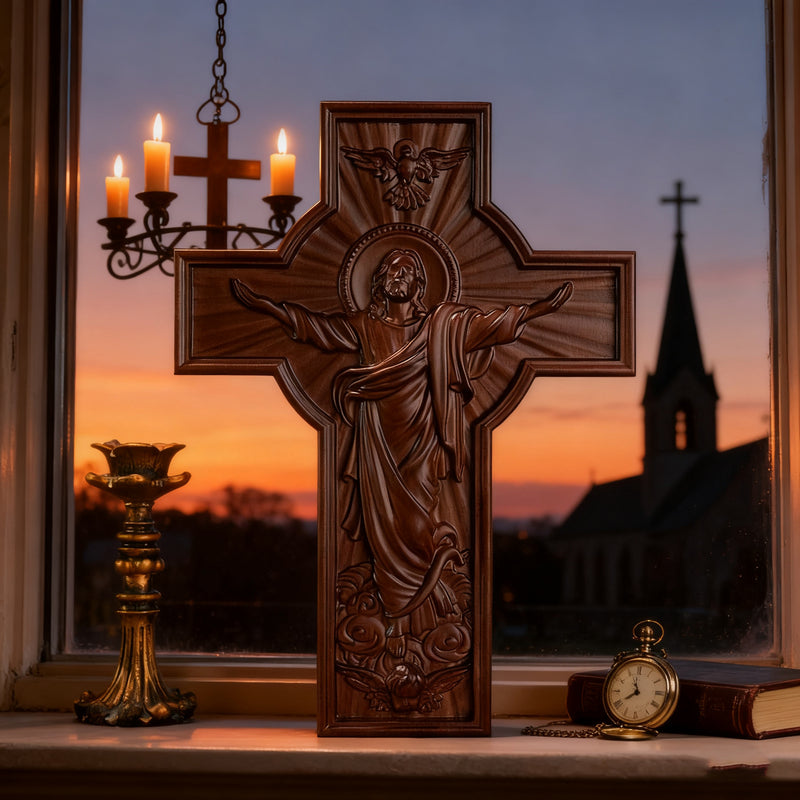 Ascension of Jesus wood carving cross