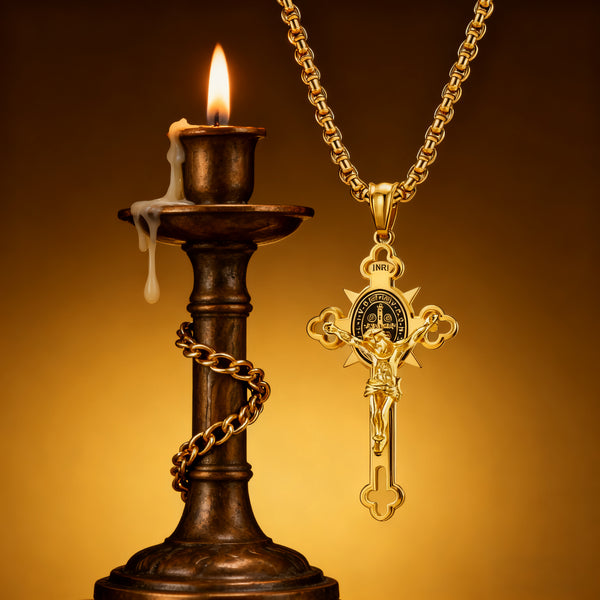 Golden St. Benedict Exorcism Cross - Blessings to you and your family