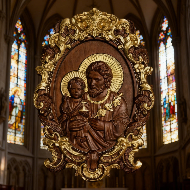 “St. Joseph & Child Jesus” Hand-Carved Wood Icon – A Timeless Christian Gift for Father’s Day & Faithful Homes