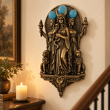 Triple Hecate Wall Sculpture – Antique Bronze Goddess Decor with Blue Orb Accents