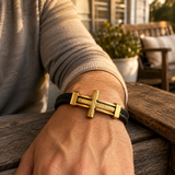 Wheat‑Textured Cross Titanium Steel Braided Leather Men’s Bracelet