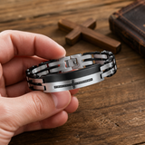 Two-Tone Black Silver Inlaid Black Crystal Cross Heavy Stainless Steel Link Bracelet
