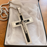 Vintage Greek Key Border Two Tone 3D Crucifix Stainless Steel Necklace