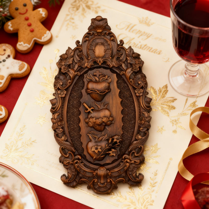 The Holy Family Sacred Hearts Triptych - Hand-Painted Wood Carving