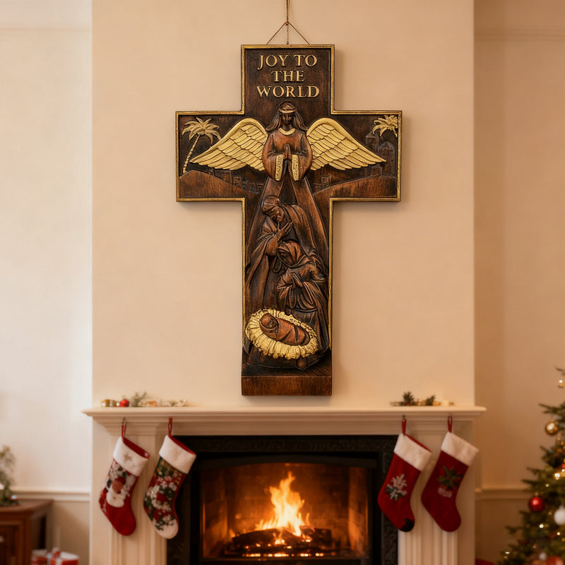 Christmas cross, Nativity cross,Joy to the world wood carving- best Christmas gift