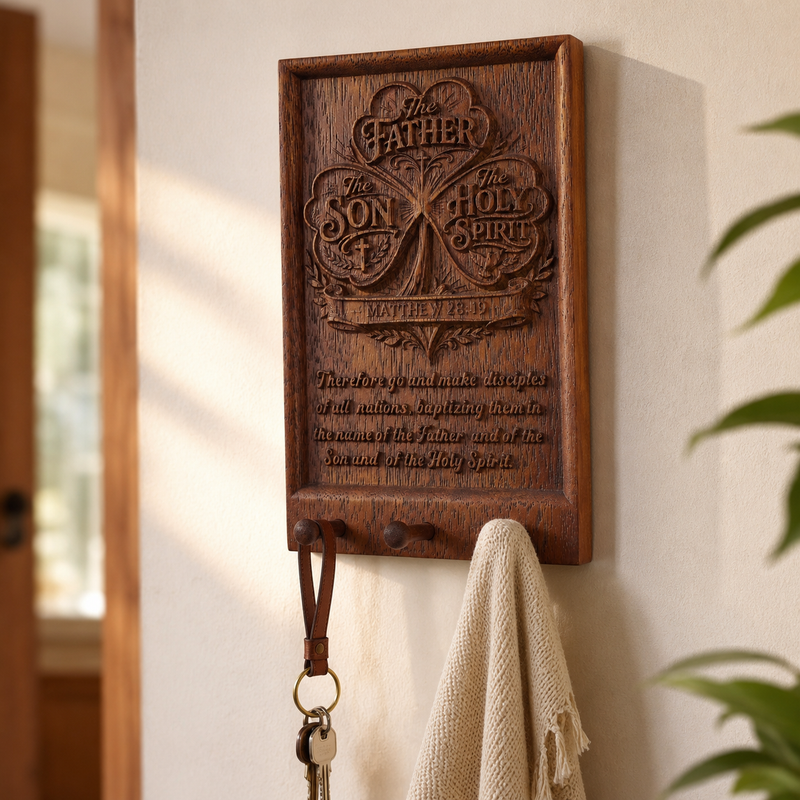 Walnut wood Holy Trinity key holder hanging near home entrance