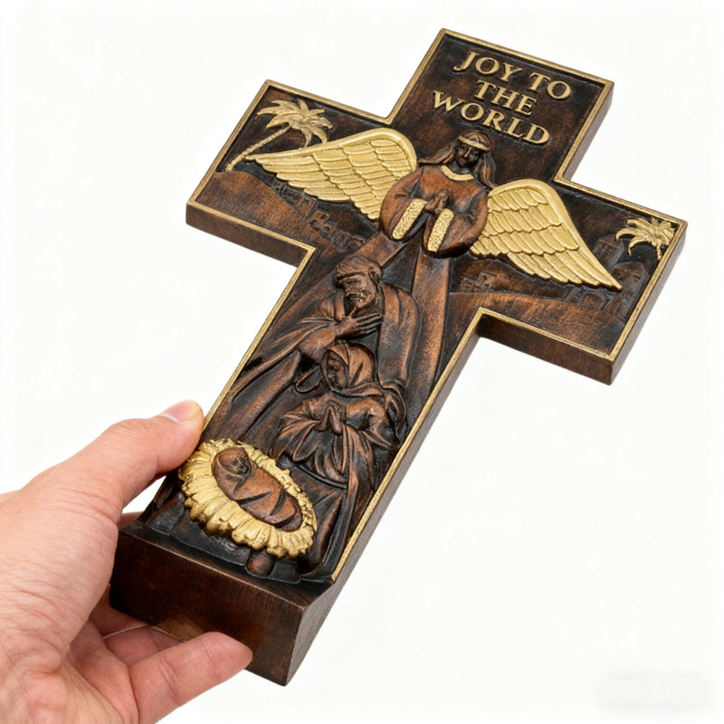 Christmas cross, Nativity cross,Joy to the world wood carving- best Christmas gift