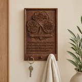 Holy Trinity Wooden Key Holder – Hand-Carved Walnut Wall Plaque with Matthew 28:19