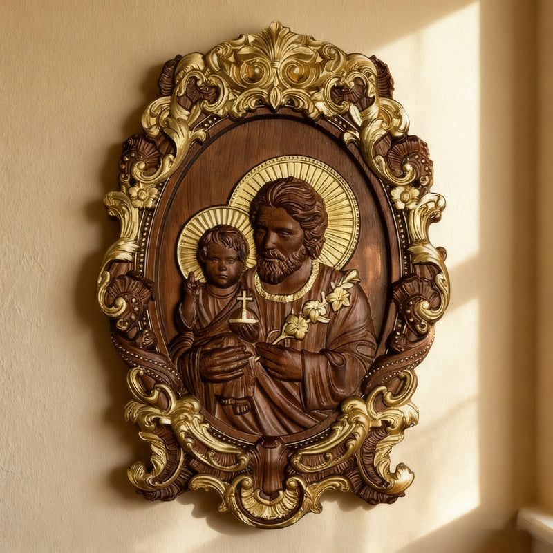 “St. Joseph & Child Jesus” Hand-Carved Wood Icon – A Timeless Christian Gift for Father’s Day & Faithful Homes