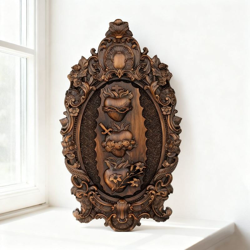 The Holy Family Sacred Hearts Triptych - Hand-Painted Wood Carving