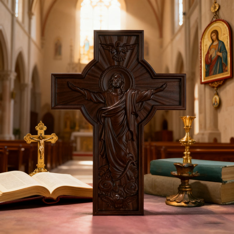Ascension of Jesus wood carving cross