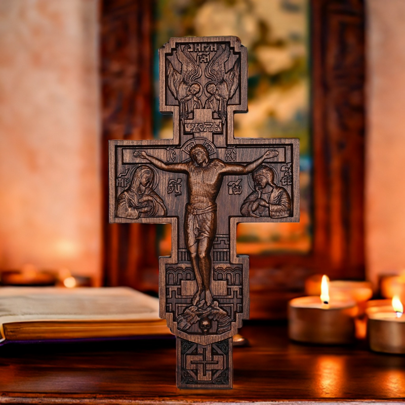 Eastern Orthodox Crucifixion Cross Wall Decor - Faith & Redemption Theme Wooden Carved Wall Hanging