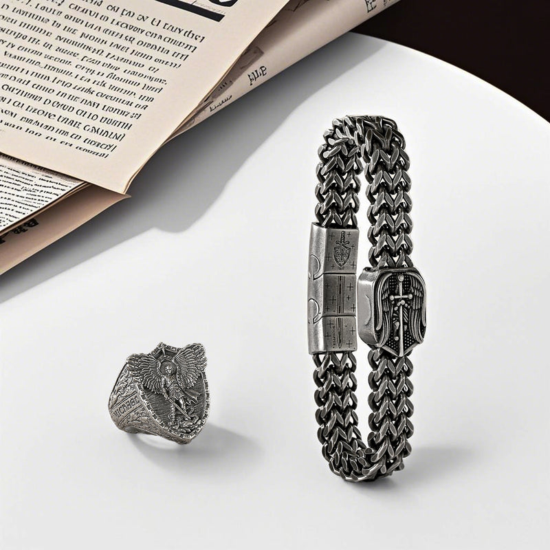 Archangel Michael Titanium Steel Bracelet S925K Silver Ring Set