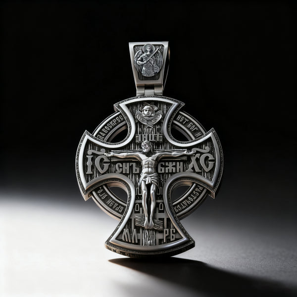 Michael Archangel and Crucifixion Front and Back Engraved 925K Sterling Silver Pendant Necklace