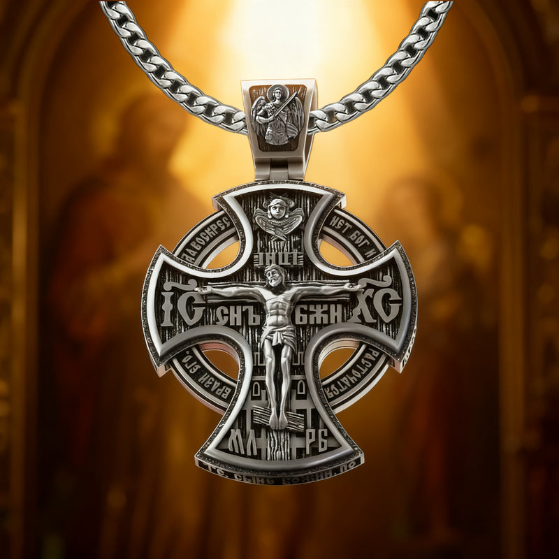 Double Sided 925 Sterling Silver Religious Pendant - Crucifixion of Christ & St. Michael Medal - Choose from 5 Chain Styles - Free Polishing Cloth