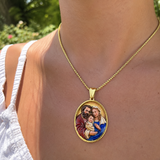 3D Raised Enamel Holy Family Oval Gold Stainless Steel Necklace