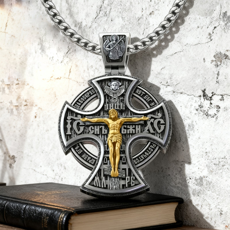 Double Sided 925 Sterling Silver Religious Pendant - Crucifixion of Christ & St. Michael Medal - Choose from 5 Chain Styles - Free Polishing Cloth