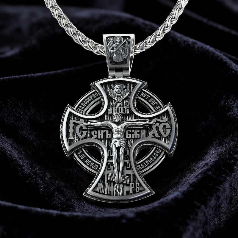 Double Sided 925 Sterling Silver Religious Pendant - Crucifixion of Christ & St. Michael Medal - Choose from 5 Chain Styles - Free Polishing Cloth
