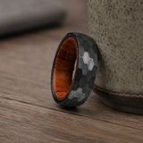 Hammered Titanium Steel Ring with Natural Wood Inner Liner, 6mm Vintage Domed Band, Rustic Wooden Inlay Wedding Promise Ring for Men & Women