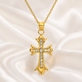 Full Inlaid CZ Gothic Fleur-de-lis Cross Stainless Steel Necklace