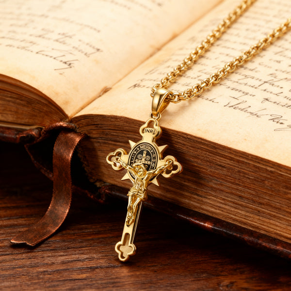 Golden St. Benedict Exorcism Cross - Blessings to you and your family