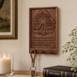 Holy Trinity Wooden Key Holder – Hand-Carved Walnut Wall Plaque with Matthew 28:19