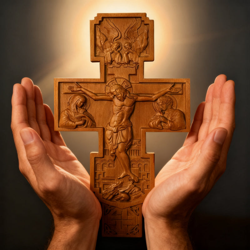 Hand-Carved Beechwood Religious Cross: A Sacred Artistic Testament to Christian Faith