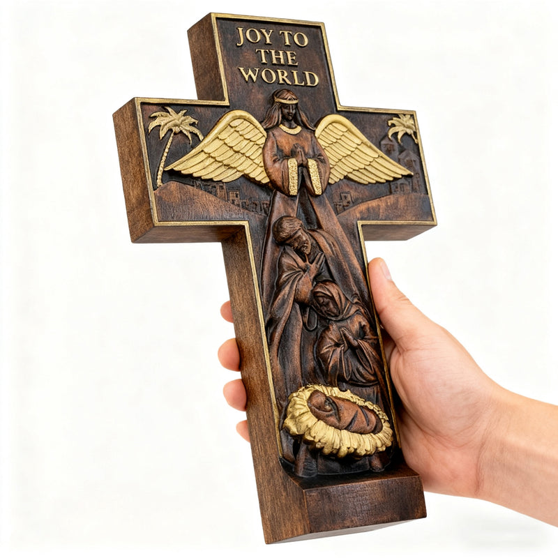 Christmas cross, Nativity cross,Joy to the world wood carving- best Christmas gift