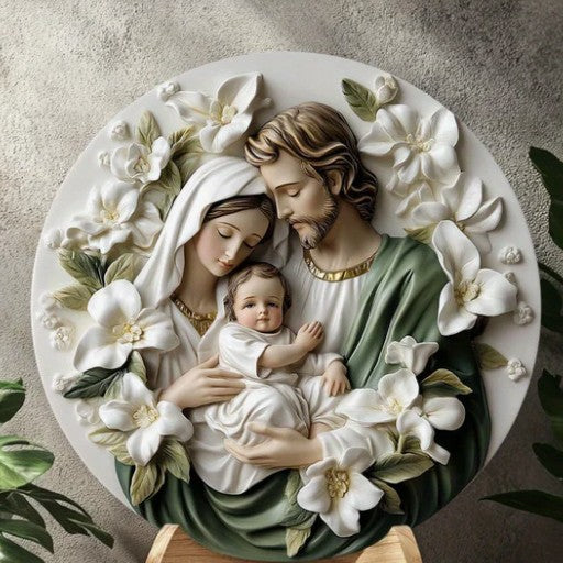 Christian Holy Family Relief Decorative Plaque - 8 Inch / 12 Inch Aluminum Waterproof Religious Wall Art (with Mounting Accessories)