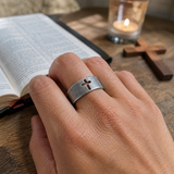Vintage Antiqued Open-Band Cross Cutout Stainless Steel Ring