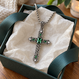 Vintage Green Stone Cross Pendant Necklace for Men
