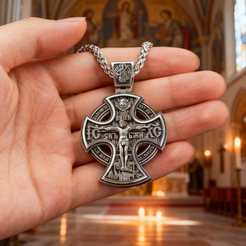 Double Sided 925 Sterling Silver Religious Pendant - Crucifixion of Christ & St. Michael Medal - Choose from 5 Chain Styles - Free Polishing Cloth