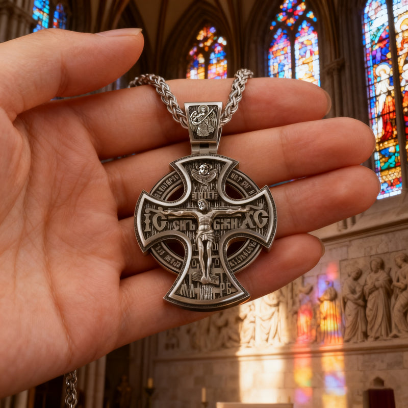 Double Sided 925 Sterling Silver Religious Pendant - Crucifixion of Christ & St. Michael Medal - Choose from 5 Chain Styles - Free Polishing Cloth
