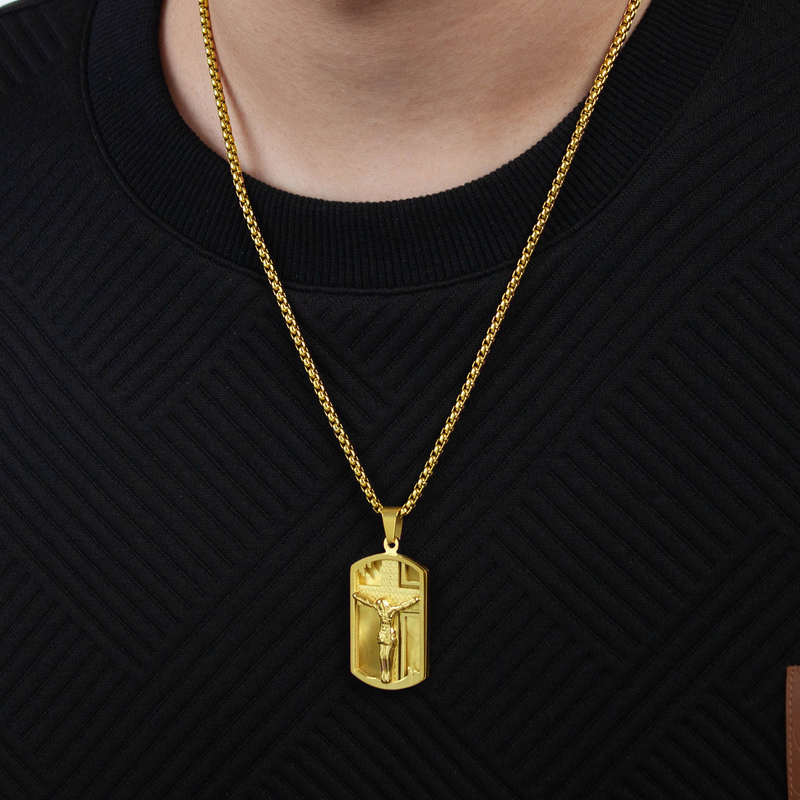 Mens gold color Lord's Prayer & Crucifix Jesus Piece Christ Dog Tag Pendant 24"inch Miami Cuban Chain Hip Hop Necklace