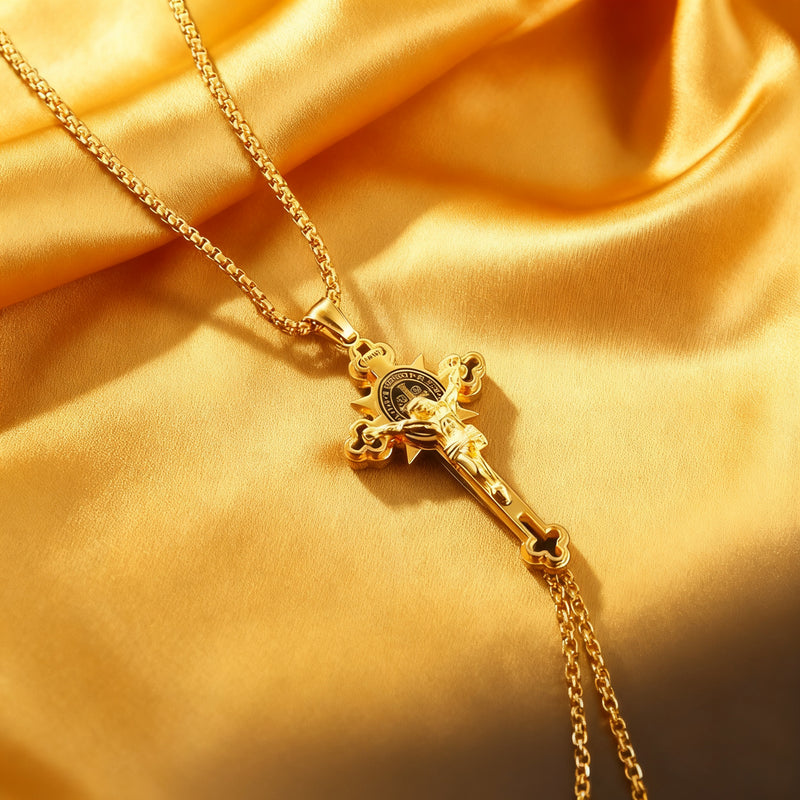 Golden St. Benedict Exorcism Cross - Blessings to you and your family