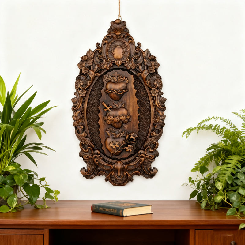 The Holy Family Sacred Hearts Triptych - Hand-Painted Wood Carving